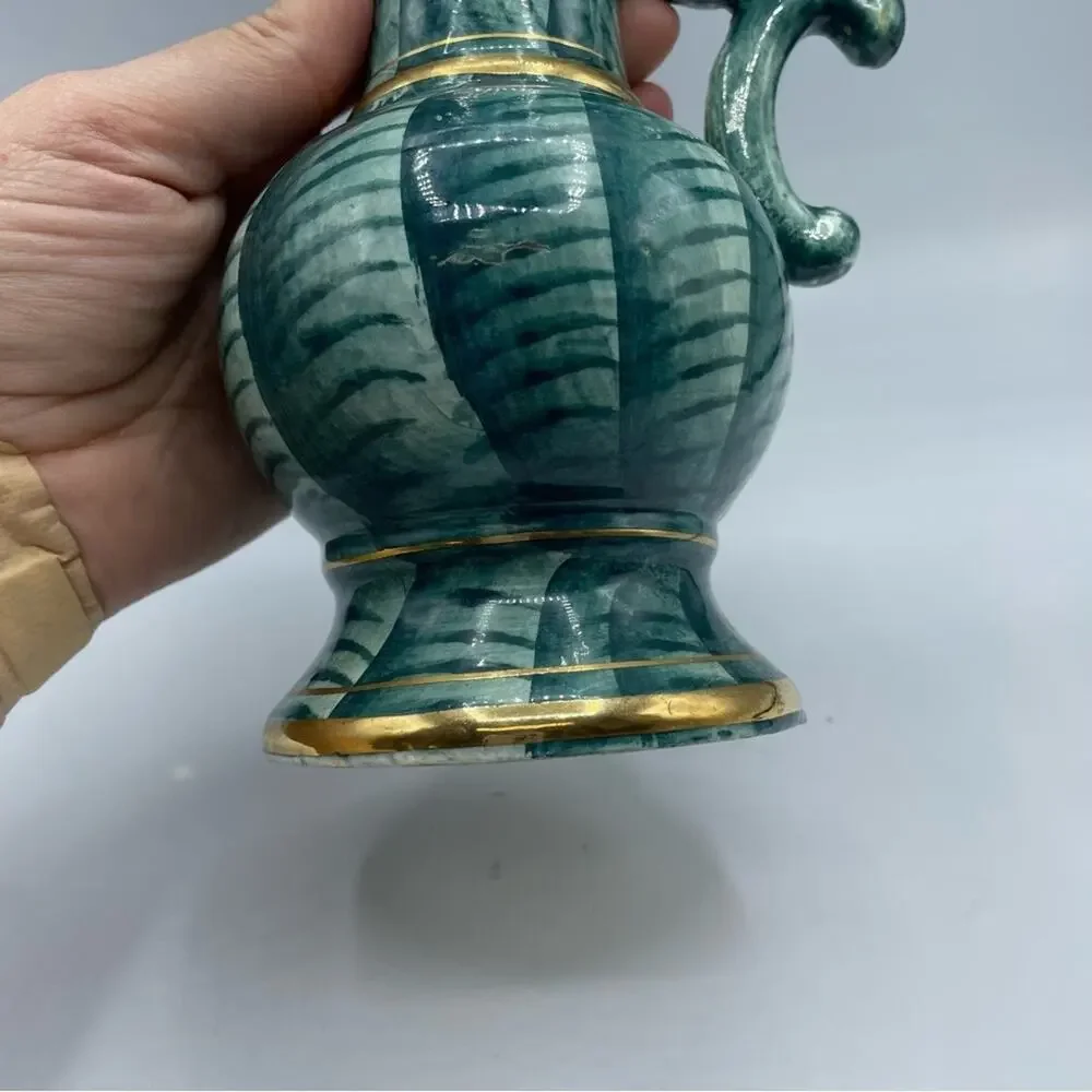 Vintage Hand Painted Peacock Ornate Vase Decor Green Teal Gold Porcelain